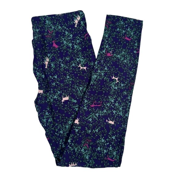 LuLaRoe GOAT DEER COW Purple Pink White Woodlands Green Forest Leggings One Size - Picture 1 of 6